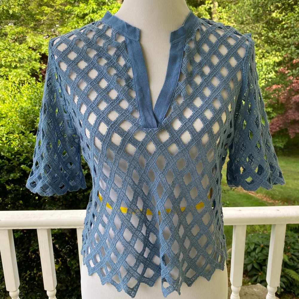 Sandro Paris Blue Open Knit Lace Top Size 3 Large